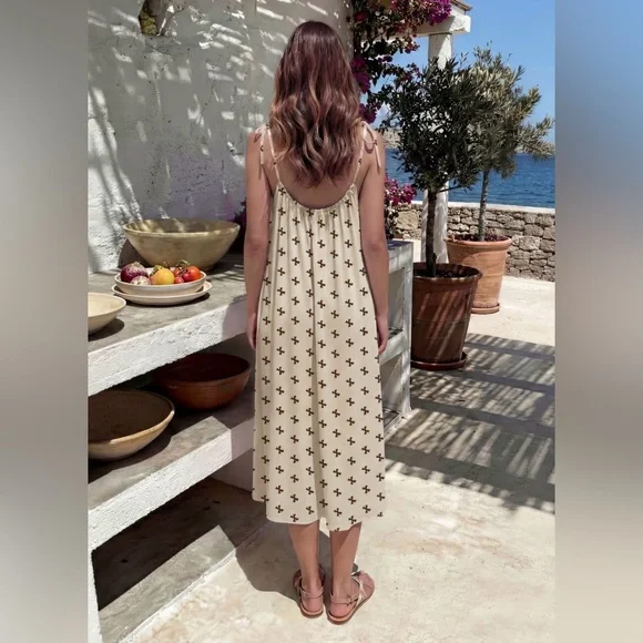 Chic Cream Brown Bow Midi Dress New Comfy Cozy Everyday Wear Boutique - Picture 5 of 6